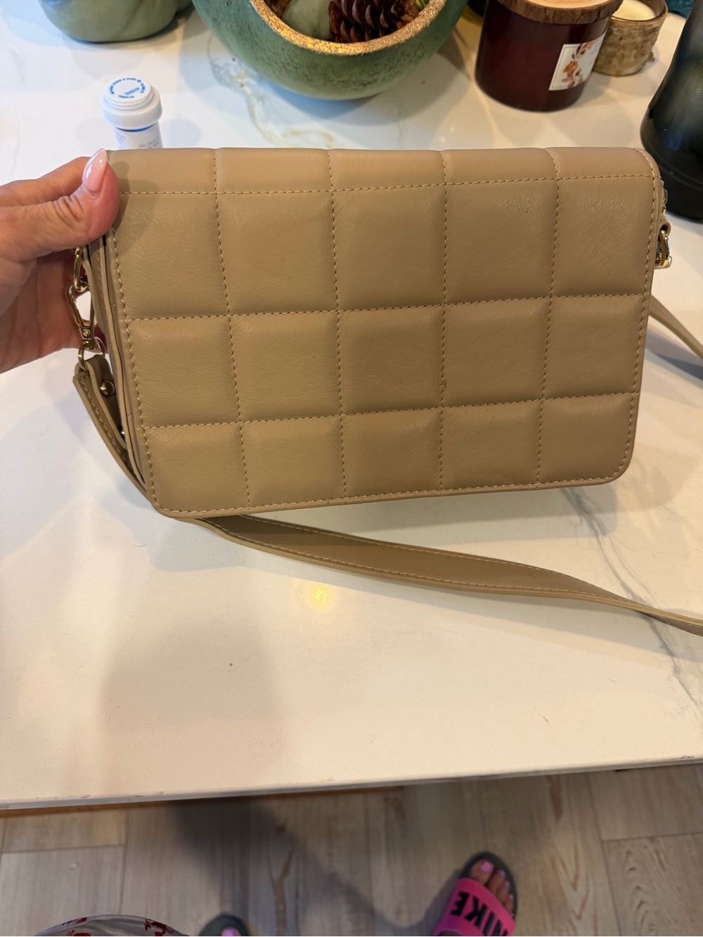 Quilted Taupe Crossbody Bag with Adjustable Strap